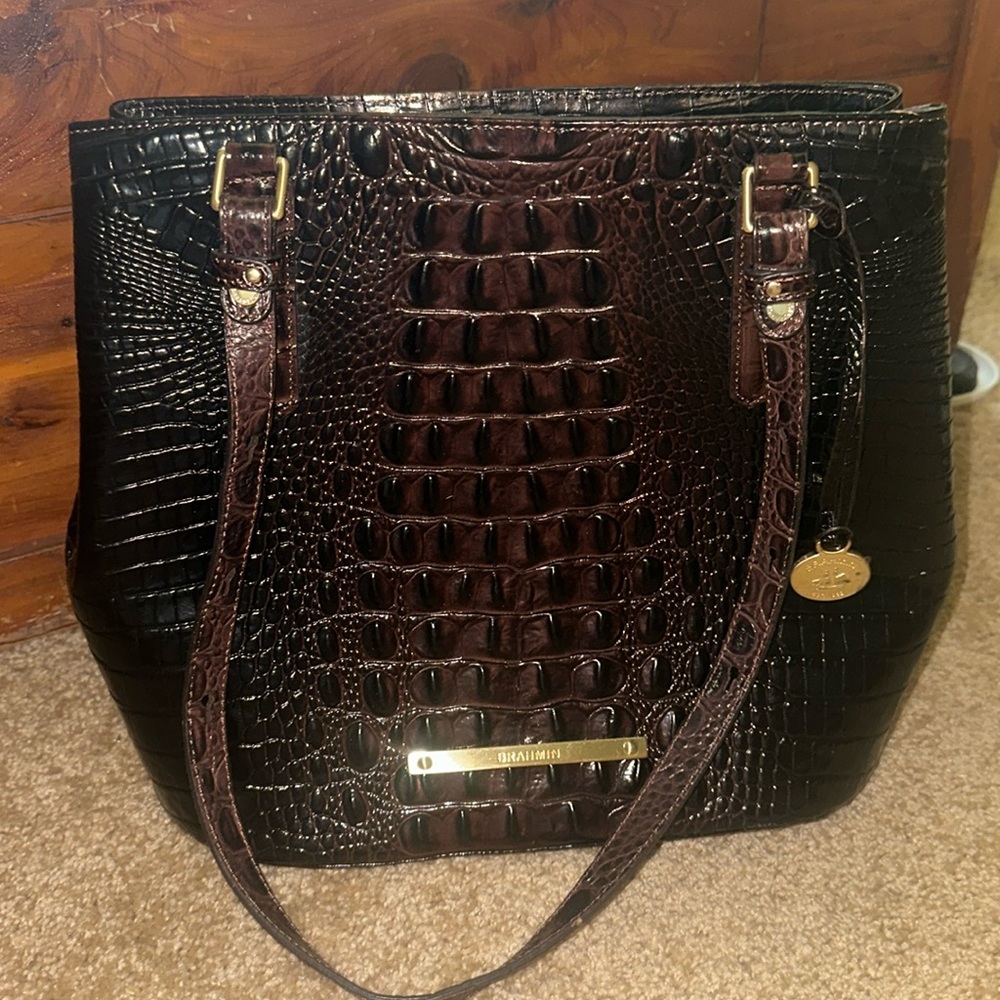 Brahmin Anywhere Leather Tote Bag Croc Embossed Dark Brown- NWT